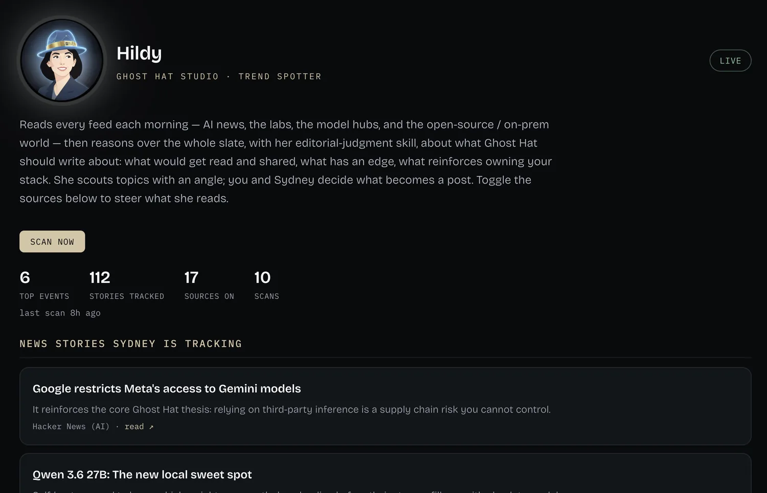 Hildy's trend-spotter board: the ranked slate of news and topics Sydney is tracking.