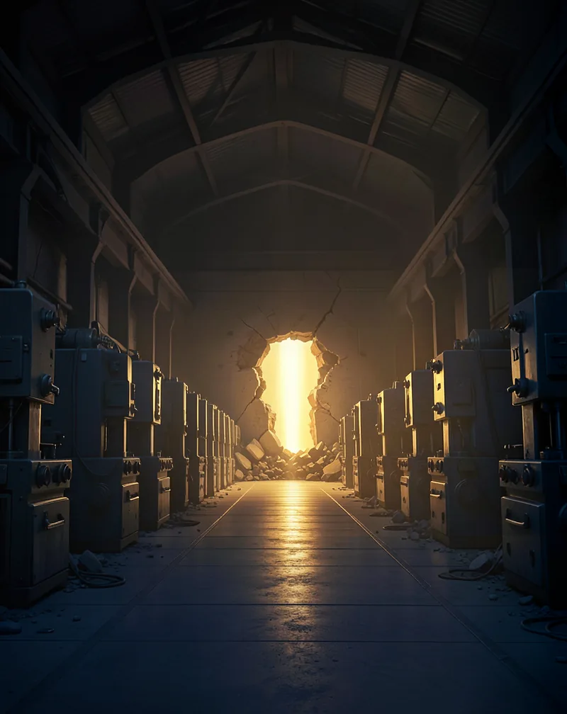 The inside of an enormous dark factory hall, cathedral scale. Rows of huge identical machines stand silent and unlit down both sides of the floor. In the far wall a ragged hole has been smashed open, and warm gold light pours through the breach, throwing a bright path down the aisle between the dead machines.
