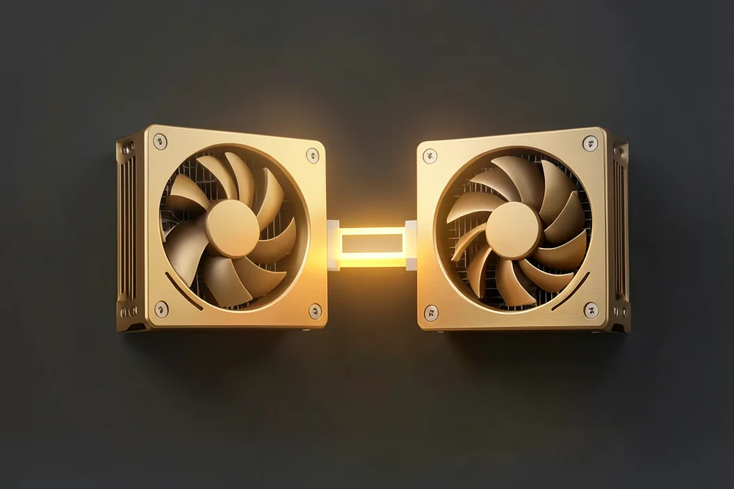 Two graphics cards rendered as a single glowing unit, both pinned at full load, clean studio lighting, brass and steel palette.