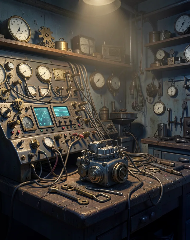 A cramped mechanical control panel overloaded with levers, wires, gauges, and glowing screens, brass fittings and tangled cables spilling across a workbench, with a small clean engine almost buried under ornate parts.