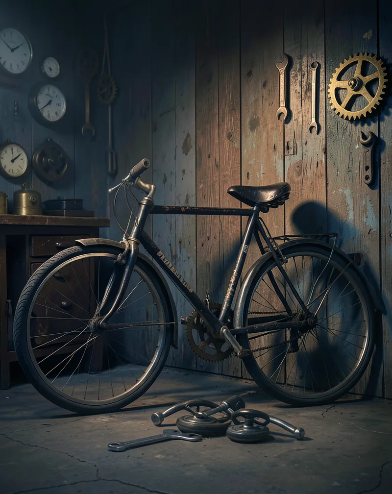 A vintage bicycle leaning against a weathered workshop wall, with a pair of small training wheels just unbolted and lying on the floor beside a wrench.