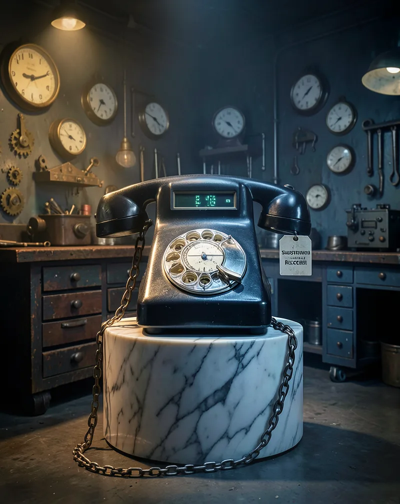 A vintage rotary phone with a digital screen on top, tethered by a heavy iron chain with a Subscription Required tag to a sleek modern marble pedestal.