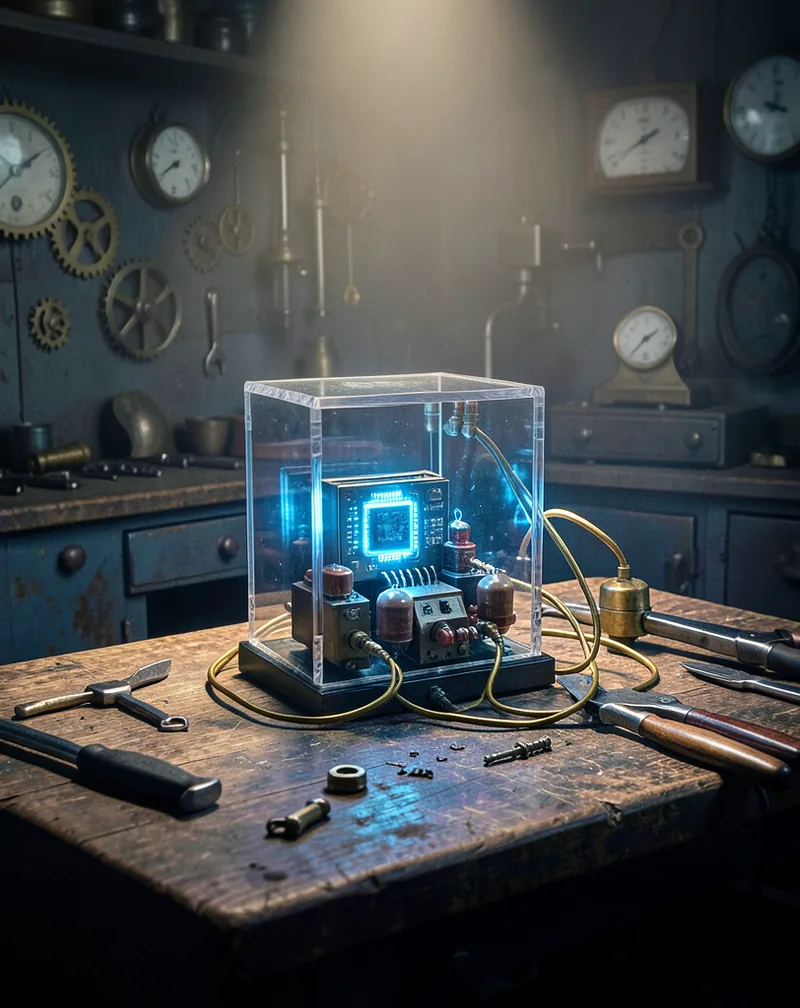 A high-energy workbench where a small transparent case holds a glowing blue CPU, connected to old-school vacuum tubes and brass wires.