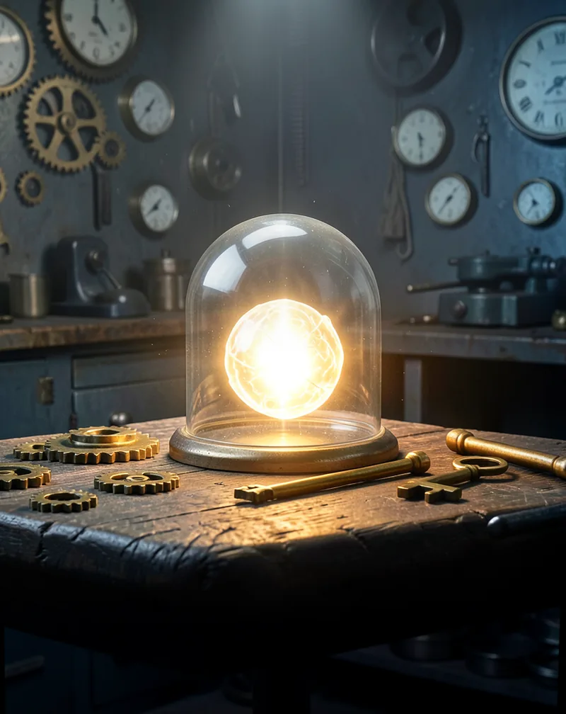 A glowing brass-and-glass core resting safely under a clear dome on a dark workshop bench, a single brass key lying beside it, surrounded by gears and hand tools in warm focused light.