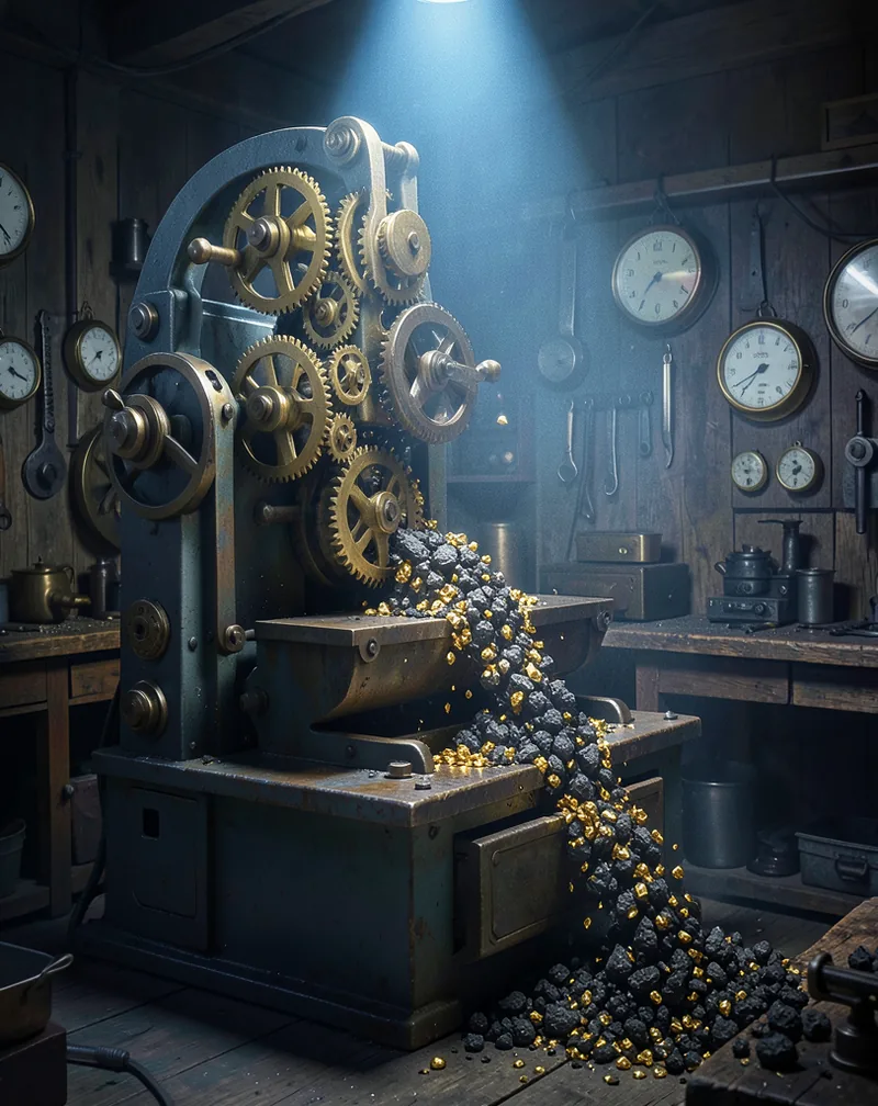 A mechanical sorting machine with intricate brass gears and pulleys, illuminated by a sharp blue spotlight. It is separating small gold fragments from a stream of dark ore. Dark, moody workshop atmosphere.