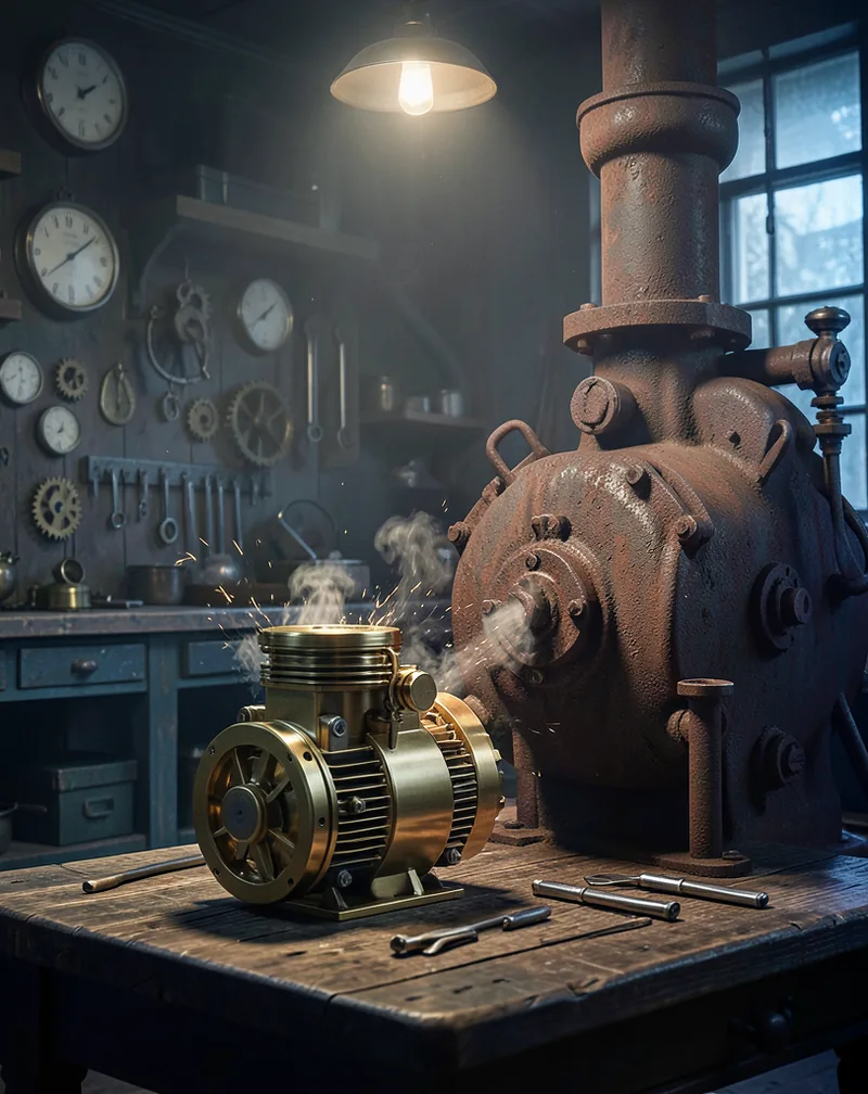 A small, high-performance mechanical engine made of polished brass and gunmetal sitting next to a massive, rusted iron steam boiler. The small engine is vibrating with energy. Dark workshop background.