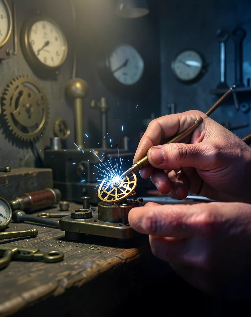 A technician's hands in a dark workshop, using a brass tool to calibrate a tiny, intricate clockwork mechanism. Small blue sparks fly from the point of contact. Cinematic, focused light.
