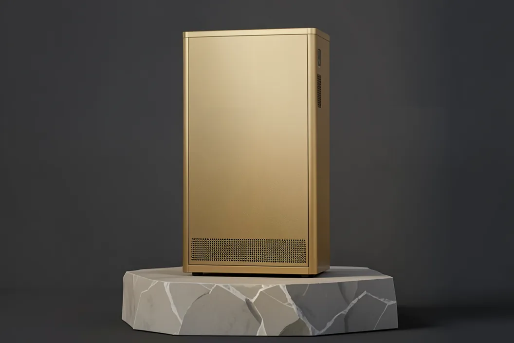 A brass server standing on a stone plinth like a permanent piece of infrastructure.