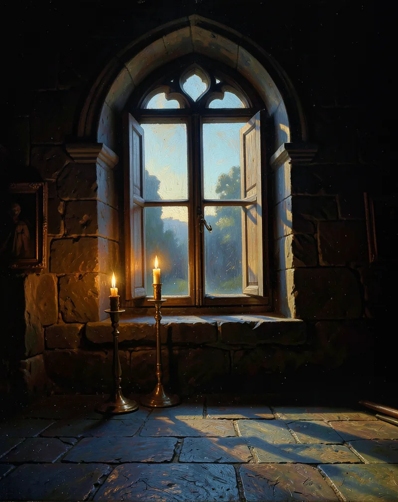 A stone room with a tall window thrown open to daylight, a brass telescope beside it and candles burning.
