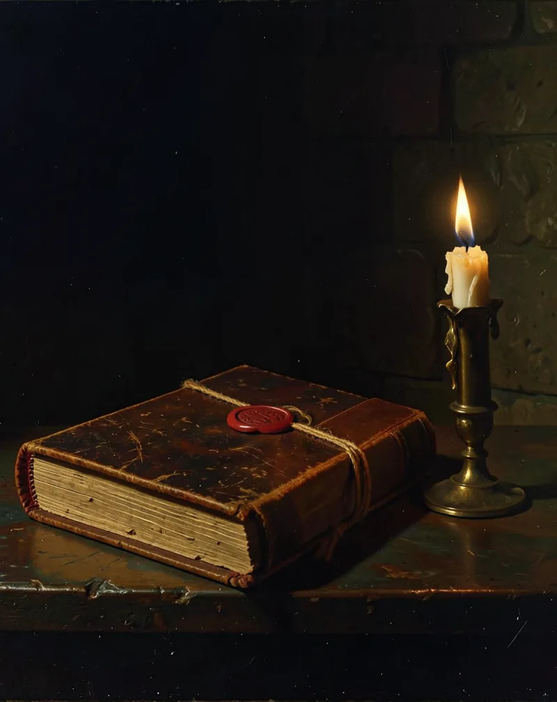 An old leather book bound shut with cord and a red wax seal beside a candle in a shadowed room.