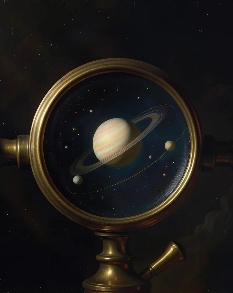 The view through a brass telescope lens onto a ringed planet, its moons, and scattered stars.