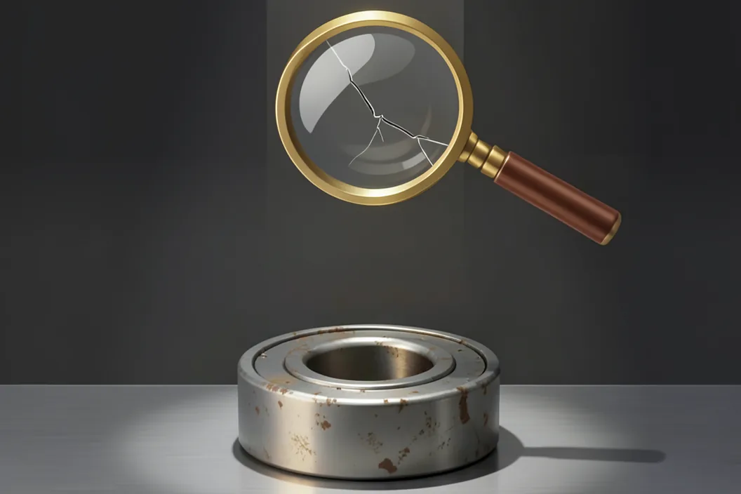 A magnifying glass revealing a hairline crack in a worn metal bearing, the kind of flaw a sensor misses but an experienced eye catches.