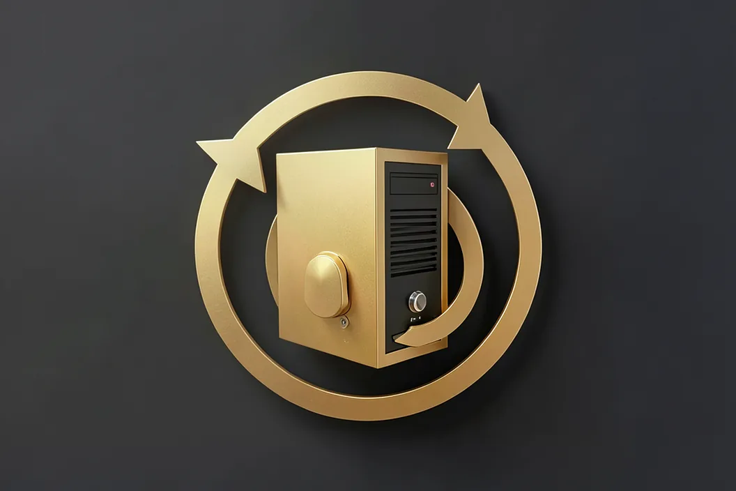 A brass circular arrow looping tightly around a small server with a control knob, a short local control loop.