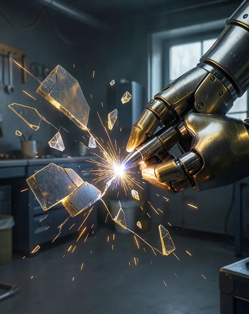 A robotic hand using a digital laser to stitch together glowing fragments of XML code, healing a broken knowledge base.